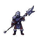 A heavily armored warrior stands ready, polearm in hand, rendered in a striking pixel art style. The figure's detailed armor and imposing weapon create a formidable and stoic presence.