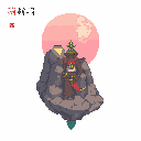 A confident, furry adventurer in ornate garb stands on a floating rock, staff in hand, against a surreal pink sunset. This pixel art figure evokes a fantastical journey with subtle hints of a game-like interface.