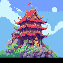 A majestic, multi-tiered red pagoda with intricate details stands proudly on a lush, rocky hill. A tiny figure near the entrance emphasizes the building's grand scale.