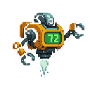 A hovering, orange robot with teal and gray mechanical arms displays "72" on its green screen while emitting a blue propulsion plume. This little bot, with its glowing blue eye, looks ready for action in a retro-futuristic setting.
