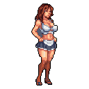 This pixel art showcases a confident, stylized maid with a sassy pose and muscular physique. Her detailed outfit and upward gaze suggest a character ready for action.