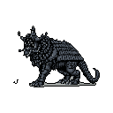 This pixel art showcases a powerful, armored quadrupedal beast with glowing eyes. Its imposing presence and dark color palette create a sense of mystery and subdued menace.
