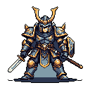 A formidable, pixelated warrior stands ready for battle, clad in dark grey-blue armor accented with gold, sword drawn and shield raised. The image evokes a sense of grim heroism.