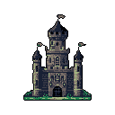 This pixel art depicts a formidable, dark castle with a central tower and arched gate, rendered in an isometric style. The structure's muted colors and intricate details evoke a sense of mystery and ancient history.
