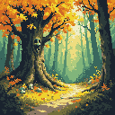 A gnarled, ancient tree with a mysterious face-like marking stands sentinel in this serene pixel art forest scene. An inviting path leads deeper into the vibrant autumnal woods, hinting at hidden wonders and forgotten dwellings.