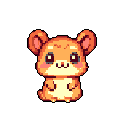 This pixel art image features an adorable, orange and yellow hamster-like creature with a cheerful smile and bright eyes. Sitting upright with tiny paws curled, it exudes a cute and innocent vibe.