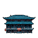 A detailed pixel art temple or palace stands prominently, its layered teal roof and dark gray structure accented by a vibrant orange-red emblem. The symmetrical building, complete with banners and delicate details, evokes a sense of historical beauty in a classic, retro style.