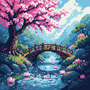 A majestic, cherry blossom-laden tree stands as the centerpiece of this pixel art, its vibrant pink flowers contrasting beautifully with the serene Japanese landscape. Fallen petals drift along a gently flowing river beneath a charming wooden bridge, creating a tranquil and idyllic scene.