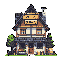 This pixel art showcases a charming, isometric shop or inn with detailed timber framing, a quaint wooden sign with stylized characters, and subtle details like a smoking chimney. The building's warm, earthy tones and cozy atmosphere evoke a nostalgic fantasy setting.