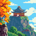 A majestic, multi-tiered East Asian temple with glowing windows crowns a rugged mountain peak, radiating peace and ancient wisdom. A smaller temple sits below, connected by a pathway, amidst vibrant autumn foliage.