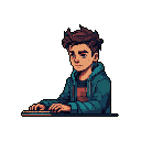 A pixel art portrait depicts a young man in a teal hoodie, lost in thought as he types, his melancholic gaze and muted colors creating a mood of quiet introspection.