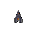 A solitary, pixel art church or chapel rises against a stark black background, its dark gray and purple stone hinting at age. A single, warmly lit window and a tiny red detail atop the spire offer the only pops of color, creating an atmosphere of isolation and mystery.