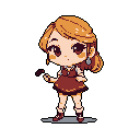 This charming pixel art depicts a chibi-style girl with expressive eyes, clutching a small brush while seemingly listening with a silver earring. Her warm color palette and simple pose create a cute and gentle vibe against a dark background.