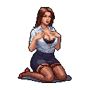 This pixel art depicts a kneeling woman in a suggestive pose, partially unbuttoning her shirt to reveal a lace bra. The close-up focuses on her alluring expression and attire, including thigh-high stockings and red heels, against a stark black background.