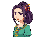 This pixel art portrait captures a woman's intense expression of surprise or displeasure. Her vibrant purple hair, teal and gold clothing, and furrowed brow create a striking and slightly dramatic image.