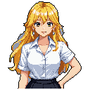 This pixel art image portrays a cheerful young woman with golden hair and amber eyes, her gentle smile and relaxed pose radiating warmth and approachability. She's adorned with pearl earrings and a subtle blue ribbon, creating a fresh and inviting character portrait. The black background emphasizes her luminous features and vibrant color palette.
