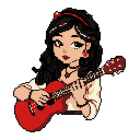 A charming pixel art portrait features a stylized woman with cherry accents, serenading viewers with her vibrant red ukulele. Her soft expression and detailed instrument create a cute and peaceful vibe.