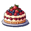 This pixel art showcases a mouthwatering strawberry and berry shortcake, meticulously detailed with layers of cream, heart-shaped jam cutouts, and a generous topping of fresh, vibrant fruit. The delightful dessert is set against a stark black background, emphasizing its sweet and tempting appearance.