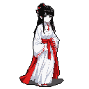 A pixel art image depicts a serene woman in a traditional white kimono with red accents, her expressionless face and black hair adding an air of mystery. The stark black background isolates her figure, emphasizing her elegant attire and solemn presence.