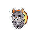 A wistful, chibi-style cat with sorrowful eyes sits against a black backdrop, highlighted by a warm, glowing aura. The pixel art's melancholic yet endearing vibe evokes a sense of tenderness and nostalgia.