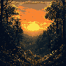 A radiant sun bursts through the silhouetted trees in this pixel art forest scene. The warm light creates a dramatic contrast, evoking a sense of peace and natural beauty.