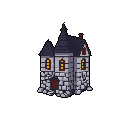This pixel art showcases a mysterious, isolated mini-castle with warmly lit windows, its cool gray stone contrasting with the inviting glow. The stylized building features prominent towers and detailed stonework, hinting at both imposing architecture and hidden warmth within.