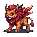 A charming pixel art griffin cub with fiery plumage and a mischievous smirk commands attention with its vibrant colors and confident stance. This fantastical creature embodies both mythical strength and playful charm.