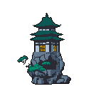 A stylized pixel art pagoda-like building, rendered in cool tones with illuminated windows, stands solitary atop a rocky outcrop against a stark black background. The multi-tiered structure evokes a sense of quiet isolation and ancient stillness.