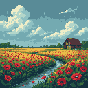 A vibrant field of red poppies dominates this pixel art image, where a winding stream leads to a rustic barn nestled in the distance. The serene scene captures the peaceful beauty of a tranquil countryside.