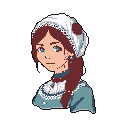 This pixel art portrait showcases a young woman with striking blue eyes and auburn braids, adorned in historical or folk-inspired attire with delicate details. The muted color palette and her pensive expression create a calm and slightly melancholic vibe.