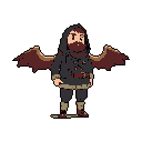 This pixel art depicts a cloaked and bearded figure with bat-like wings, evoking a mysterious fantasy character. The muted color palette and simple style give it a retro gaming charm.