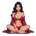 This pixel art portrait features a confident young woman in red, seated against a stark black background. Her relaxed pose and subtle expression create an alluring and intimate vibe.