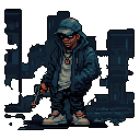 This pixel art depicts a cool and collected character in streetwear, gripping a small firearm in a gritty, urban setting. Obscured by dark glasses and a baseball cap, he exudes an enigmatic aura against a dark, minimalist cityscape backdrop. The muted color palette is punctuated by pops of color, adding to the image's contemporary and slightly ominous feel.