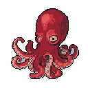 This pixel art features a quirky, wide-eyed octopus in shades of red, its tentacles suggestively posed against a stark black background. The creature's tilted head and expressive tentacles hint at intelligence or character.