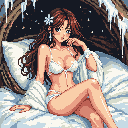 This pixel art image features a young woman in lingerie and a robe, posed intimately against a wintry backdrop of falling snow and icicles. Her thoughtful expression and delicate adornments create a blend of allure and serenity.