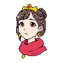 This pixel art portrait depicts a pensive princess with golden crown and ruby earrings against a stark background. The warm color palette highlights her elegant accessories and introspective expression.