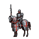 A pixel art knight, likely a crusader, stands in full armor with a red Templar cross emblazoned on his chest and his horse's barding. The image evokes a sense of historical gravitas and strength against a stark black background.