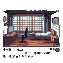 A cozy, pixelated room scene showcases a detailed bedroom/study interior featuring a desk with a computer, a gaming chair, and a bed bathed in warm, muted light from a window overlooking a simple urban backdrop. The static scene evokes a peaceful and contemplative mood within an everyday space.