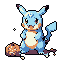 A light blue, Pikachu-like creature stands inquisitively beside a jack-o'-lantern in this cute, Halloween-themed pixel art. The limited color palette and simple style evoke a charming, nostalgic vibe.