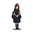 A lone, hooded figure stands contemplatively, her demure pose and muted colors hinting at a quiet introspection. The pixel art depicts a woman in a dark cloak, clasping her hands, with a simple bag at her side.