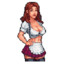 This pixel art portrait depicts a confident tavern maiden with a playful smirk, striking a pose in her off-the-shoulder blouse, mini-skirt, and thigh-highs. Her inviting expression and classic design evoke a sense of nostalgia.