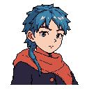 A young character with spiky blue hair and a rust-red scarf gazes thoughtfully into the distance. This pixel art portrait evokes a sense of quiet contemplation and retro gaming nostalgia.