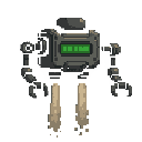 A boxy, dark grey robot with clawed arms hovers using beige-brown propulsion jets, its face a bright green status bar. The minimalist pixel art conveys a sense of functional technology and quiet mystery.
