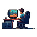 A lone gamer, illuminated by a retro-style platformer, is deeply engrossed in his game against a stark black backdrop, capturing a moment of quiet focus and nostalgic immersion.