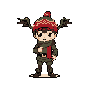This pixel art features a cute, chibi character in winter gear, complete with a red scarf and a unique winged beanie. The neutral expression and cozy attire give off a calm, subtly adventurous vibe.