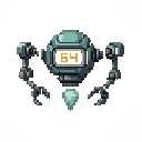 A lone, turquoise robot with articulated arms and a glowing "64" display hovers in the void. Its retro-futuristic design and the enigmatic number create a sense of mystery.