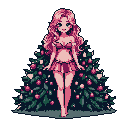 A cute, anime-style girl with pink hair and a playful outfit stands before a decorated Christmas tree, exuding festive charm. Her innocent expression and soft color palette create a sweet and appealing holiday aesthetic.