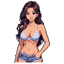 This pixel art portrait captures a confident and relaxed woman in denim shorts and a bikini top. Her gentle smile and direct gaze create a friendly and subtly alluring vibe, making her the sole focus against a stark black background.