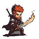 A determined warrior wielding a flaming sword is captured in this dynamic pixel art, his intense gaze hinting at impending battle. The retro style highlights the vibrant energy of the fiery blade against the character's earthy tones.