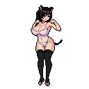 This pixel art image features a cute, slightly demure catgirl in lavender lingerie, striking a playful pose with a shy expression against a stark black backdrop. The limited color palette and suggestive details create a subtly sensual mood.
